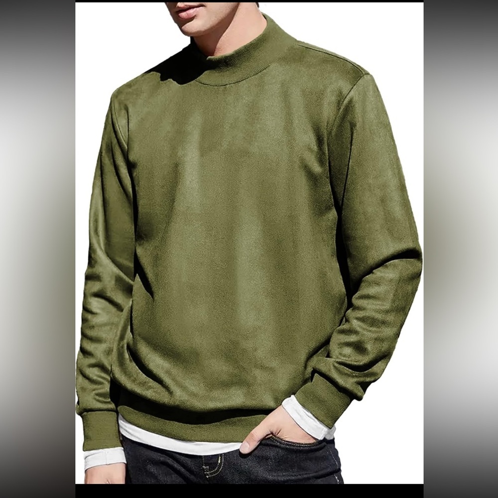 NEW Coofandy Mens‎ Suede Crewneck Sweatshirt Fleece Pullover Army Green Large